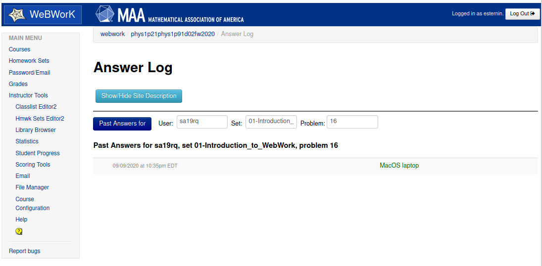 snapshot of Past Answers screen
