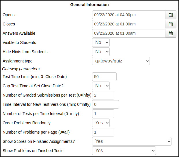 Settings for a gateway quiz