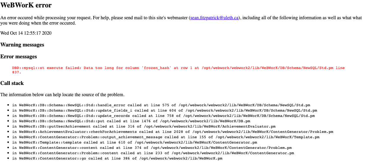 The error message from webwork