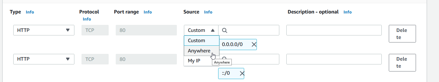 Amazon AWS inbound rules setting