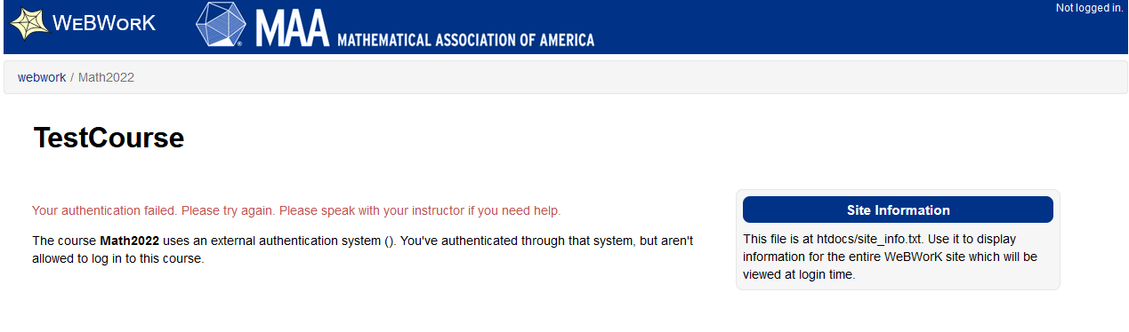Your authentication failed. Please try again. Please speak with your instructor if you need help